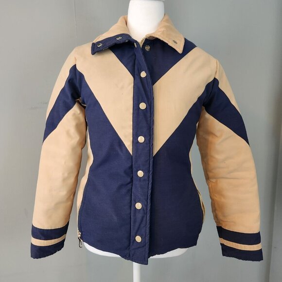 Vintage Down Jacket Blue and Tan Chevron Women's Size Small - Picture 1 of 14